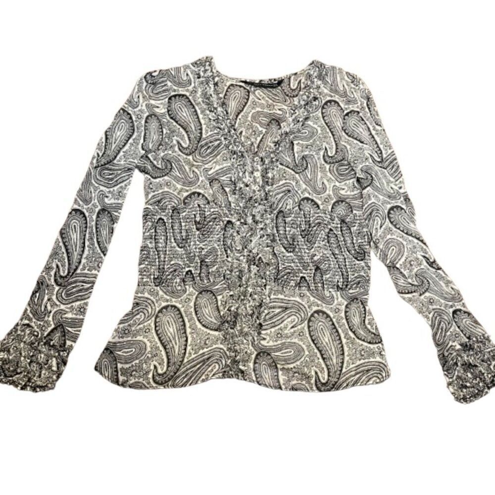 ZARA Paisley Chiffon Ruffle Blouse V-Neck Smocked Waist Black White‎ Medium